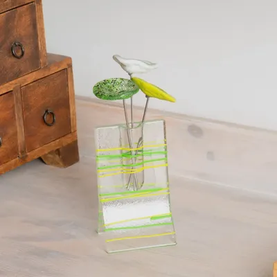 Vases - Small transparent 8x13 cm vase with applegreen-green stripes and with 3 small flowers - CARNEOL GLASS