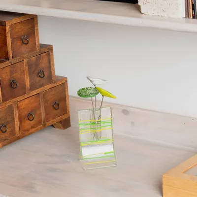 Vases - Small transparent 8x13 cm vase with applegreen-green stripes and with 3 small flowers - CARNEOL GLASS
