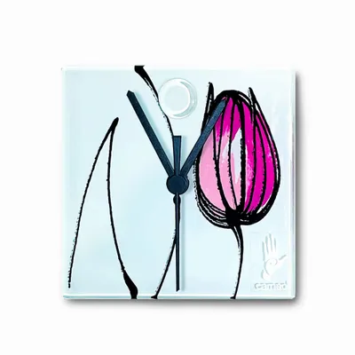 Clocks - Tulip wall clock with fuscia tulips 13x13 cm - CARNEOL GLASS