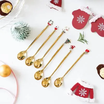 Décorations pour tables de Noël - Set de 6 Cuillères de Noël avec décorations - Or ou Argent - SOSTRAW & SMARTTHINGS