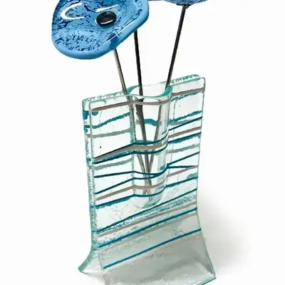 Vases - Vase with light blue-white stripes and with 3 small flowers - CARNEOL GLASS