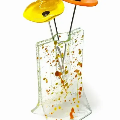 Vases - Small transparent 8x13 cm yellow-orange spotty vase with 3 small flowers - CARNEOL GLASS