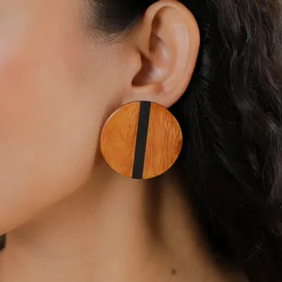 Bijoux - Boucles d'oreilles poussoir rondes bois de bayong - Cannelle - NATURE BIJOUX