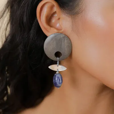 Bijoux - Boucles d'oreilles poussoir top ébène gris grand modèle - Skala - NATURE BIJOUX