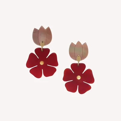 Bijoux - Boucles d'oreilles poussoir top nacre brune et pendant fleur rouge - Son Jardin - NATURE BIJOUX