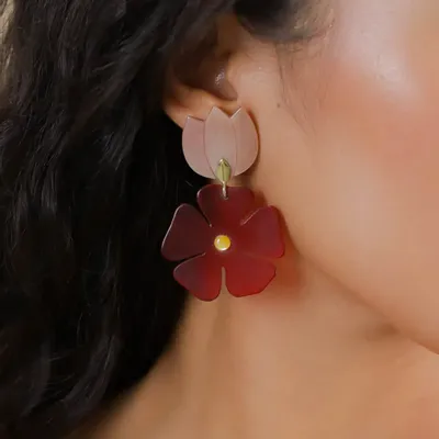 Jewelry - Brown lip post earrings with red flower pendant - Son Jardin - NATURE BIJOUX