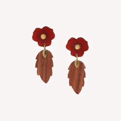 Jewelry - Post earrings with red flower top & wood leaf dangle - Son Jardin - NATURE BIJOUX