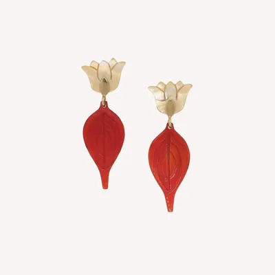 Jewelry - Post earrings with tulip top & red leaf pendant - Son Jardin - NATURE BIJOUX