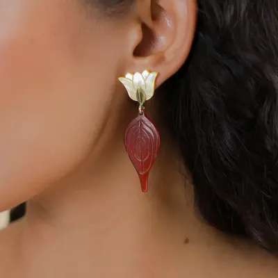 Bijoux - Boucles d'oreilles poussoir top tulipe et feuille rouge - Son Jardin - NATURE BIJOUX
