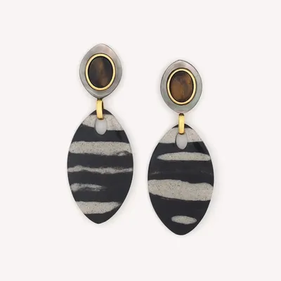 Jewelry - Post earrings with black lip & tiger eyes top - Zebra - NATURE BIJOUX