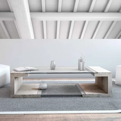 Coffee tables - MANILA Coffee Table in Natural Travertine Marble and Glass - MEDDEL