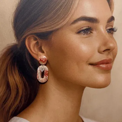Bijoux - Boucles d’oreilles “Éclat Rosé” , Marbré Corail & Doré Cristal - LES TRÉSORS DE CIA