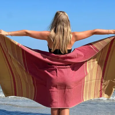 Bath towels - ORGANIC COTTON FOUTA - SAND Collection - SAND COLOR & RED OCHRE - KARAWAN AUTHENTIC