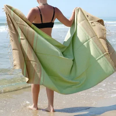 Bath towels - ORGANIC COTTON FOUTA - SAND Collection - SAND & PISTACHIO Color - KARAWAN AUTHENTIC