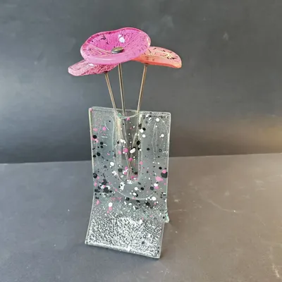 Vases - Small transparent 8x13 cm fuscia-white-black spotty vase with 3 small flowers - CARNEOL GLASS