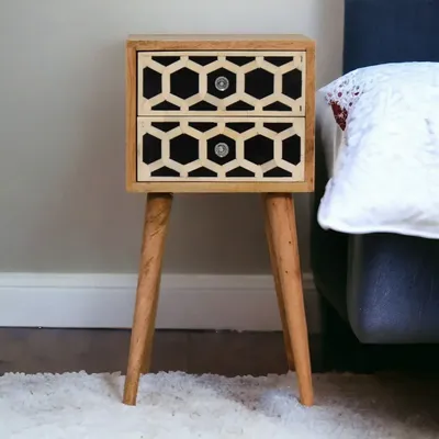 Night tables - Artisan Furniture Solid Wood Mini Bone Inlay Pattern 2 Drawers Nightstand, Oak - ARTISAN FURNITURE