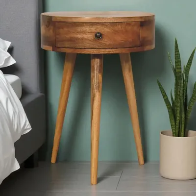 Night tables - Artisan Furniture Solid Wood Mini Oak-ish Circular Shape Nightstand, 1 Drawer, Brown - ARTISAN FURNITURE