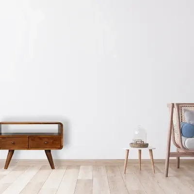 Meubles TV - Artisan Furniture en bois massif Mini Commodenut Courbé Meuble TV, 2 Tiroirs et Niche ouverte, Marron Foncé - ARTISAN FURNITURE