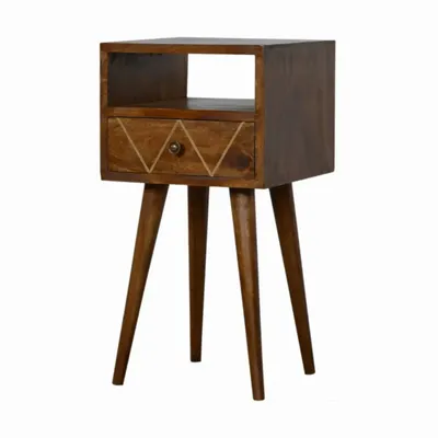 Night tables - Artisan Furniture Solid Wood Mini Geo Brass Nightstand, 1 Drawer and Open Shelf, Dark Brown - ARTISAN FURNITURE