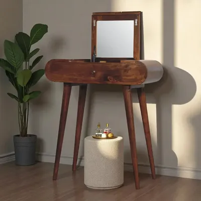 Other tables - Artisan Furniture Solid Wood Mini Round Chestnut Fold Vanity, 4 Storage Compartments with Mirror, Dark Brown - ARTISAN FURNITURE