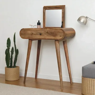 Autres tables  - Artisan Furniture en bois massif Mini Rond Dressing Table, 1 Tiroir avec Rangement Compartments, Pieds nordiques, Chêne clair, Marron - ARTISAN FURNITURE