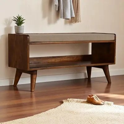 Benches - Artisan Furniture Solid Wood Mud Linen Nordic Storage Bench, Upholstered, Nordic Legs, Beige and Chestnut, Brown - ARTISAN FURNITURE