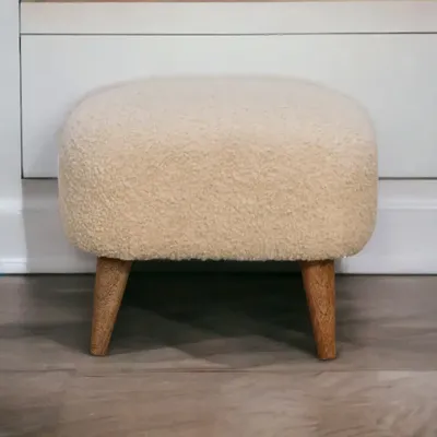 Ottomans - Artisan Furniture Solid Wood Upholstered Boucle Cream Square Footstool, Brown & Cream - ARTISAN FURNITURE