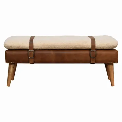 Benches - Artisan Furniture Solid Wood Upholstered Bouclé Buffalo Hide Leather Bench, Beige - ARTISAN FURNITURE