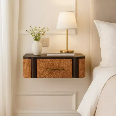 Night tables - Artisan Furniture Solid Wood Rattan Curve Wall-Mounted Drawer, 1 Drawer, Dark Brown - ARTISAN FURNITURE