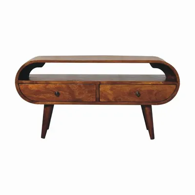 TV stands - Artisan Furniture Solid Wood Chestnut Circular TV Stand, 2 Drawers, 1 Open Slot, Dark Brown - ARTISAN FURNITURE