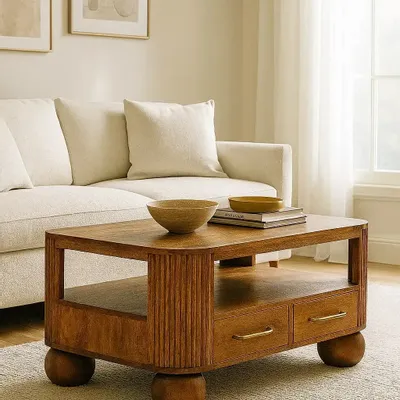 Coffee tables - Artisan Furniture Solid Wood Briarwood Fluted Coffee Table, 2 Drawers, 1 Shelf, Brown - ARTISAN FURNITURE