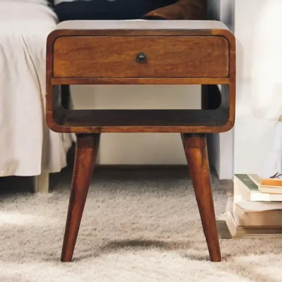 Night tables - Artisan Furniture Solid Wood Avora Chestnut Nightstand with Drawer and open slot, Dark Brown - ARTISAN FURNITURE