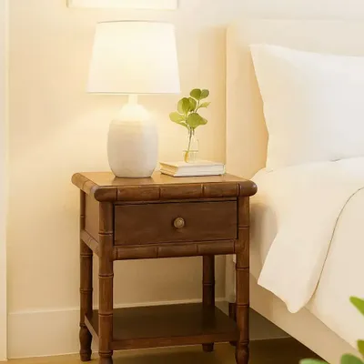 Night tables - Artisan Furniture Solid Wood Bamboo Carved Nightstand Table, 1 Drawer, 1 Open Slot, Brown - ARTISAN FURNITURE
