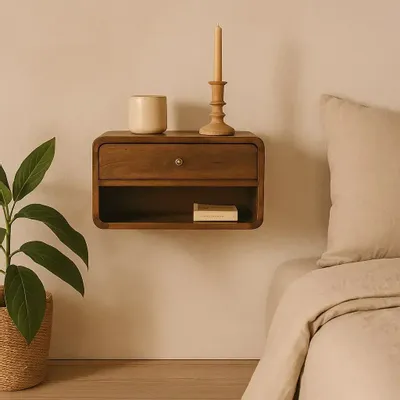 Tables de nuit - Artisan Furniture Table de Nuit Murale Courbe en Châtaignier, 1 Tiroir et Étagère Ouverte, Marron Foncé - ARTISAN FURNITURE