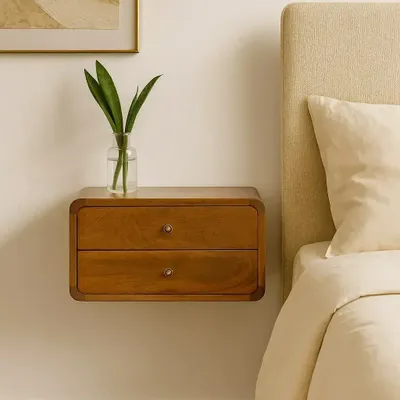 Night tables - Artisan Furniture Solid Wood Floating Curved Chestnut Nightstand, 2 Drawers, Dark Brown - ARTISAN FURNITURE