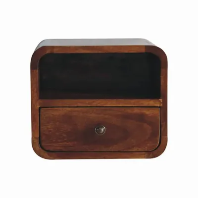 Night tables - Artisan Furniture Solid Wood Extra Mini Wall Mounted Curved Chestnut Nightstand, 1 Drawer and Open Slot, Dark Brown - ARTISAN FURNITURE