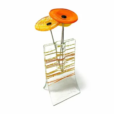 Vases - Small transparent 8x13 cm vase with orange-yellow stripes and with 3 small flowers - CARNEOL GLASS