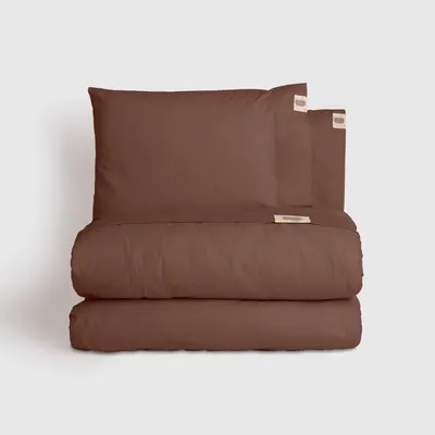 Linge de lit - Parure de lit double, 100 % coton ranforce, marron - DILIOS