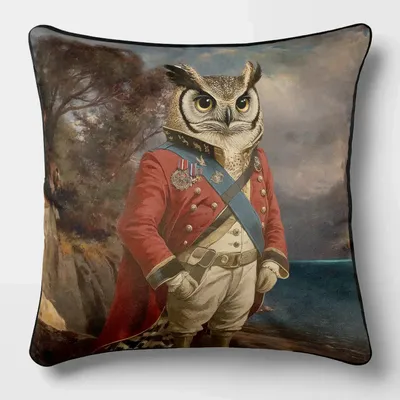 Linge - Bestiaire Aristocratique 16 (L’Amiral Hibou) — Housse Coussin Velours 45cm x 45cm - LAURE WELFLING - DJEBELI