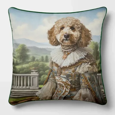 Linge - Bestiaire Aristocratique 21 (La Comtesse Goldendoodle) — Housse Coussin Velours 45cm x 45cm - LAURE WELFLING - DJEBELI