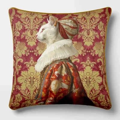 Linge - Bestiaire Aristocratique 48 (La Comtesse Miaou) — Housse Coussin Velours 45cm x 45cm - LAURE WELFLING - DJEBELI