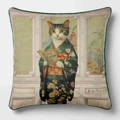 Linge - Bestiaire Aristocratique 56 (Geisha Chatte) — Housse Coussin Velours 45cm x 45cm - LAURE WELFLING - DJEBELI