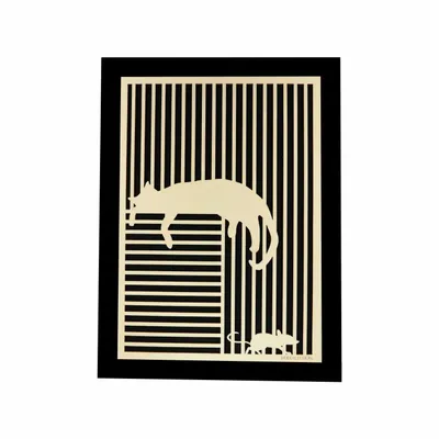 Paintings - Wooden Cat With Mouse Wall Art 3 - WOODILLUSION