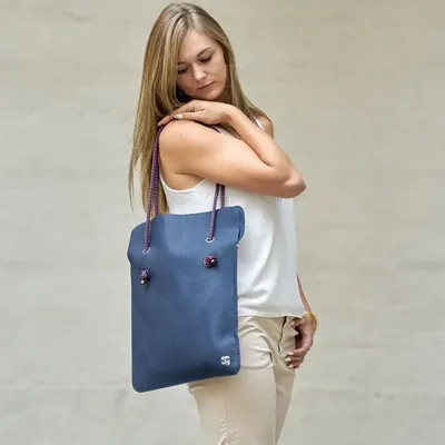 Bags and totes - SAC TOTEBAG DIVINE CUIR LISSE BLUE DENIM - MADE IN FRANCE - AMWA AND CO