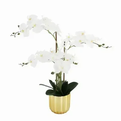 Floral decoration - Artificial orchid, 5 branches, gold plastic pot - LIGNE DÉCO
