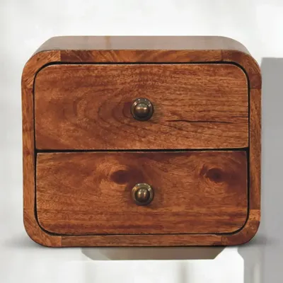 Night tables - Artisan Furniture Solid Wood Mini Curved Honey Caramel Wall Mounted Nightstand, 2 Drawers, Dark Brown - ARTISAN FURNITURE