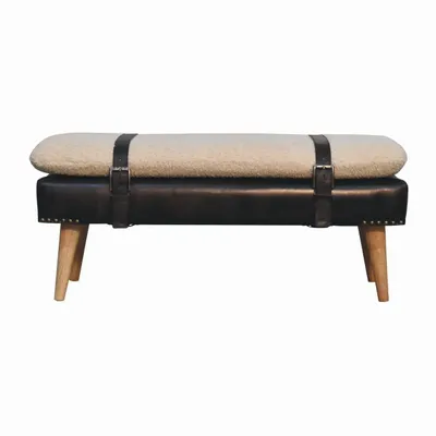 Bancs - Banc en Bois Massif avec Assise en Cuir Buffalo Bouclé Noir, Multicolore - ARTISAN FURNITURE