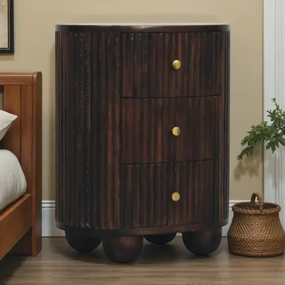 Night tables - Artisan Furniture Solid Wood Curved Fluted Nightstand, 3 Drawers, Dark Brown - ARTISAN FURNITURE