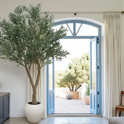 Floral decoration - Artificial olive tree, white plastic pot - LIGNE DÉCO