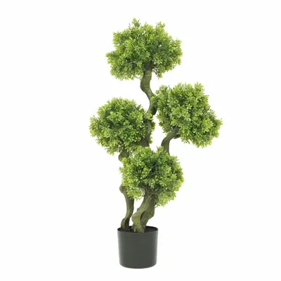 Décorations florales - Bonsaï de buis artificiel 4 têtes en pot plastique noir - LIGNE DÉCO